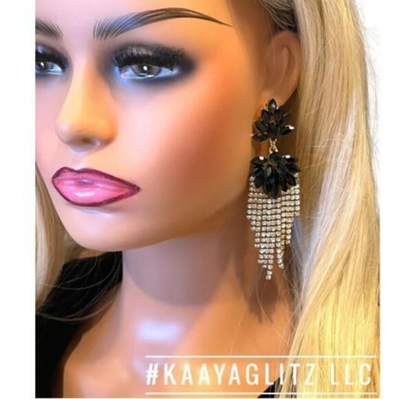 Black Earrings Large Tassel Fringe Dangle Drop Earrings Halloween Earrings - Picture 2 of 2